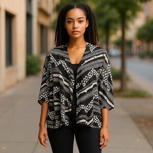 Circles and Cycles Womens Overpiece One Size Black Beige Geometric Open Front